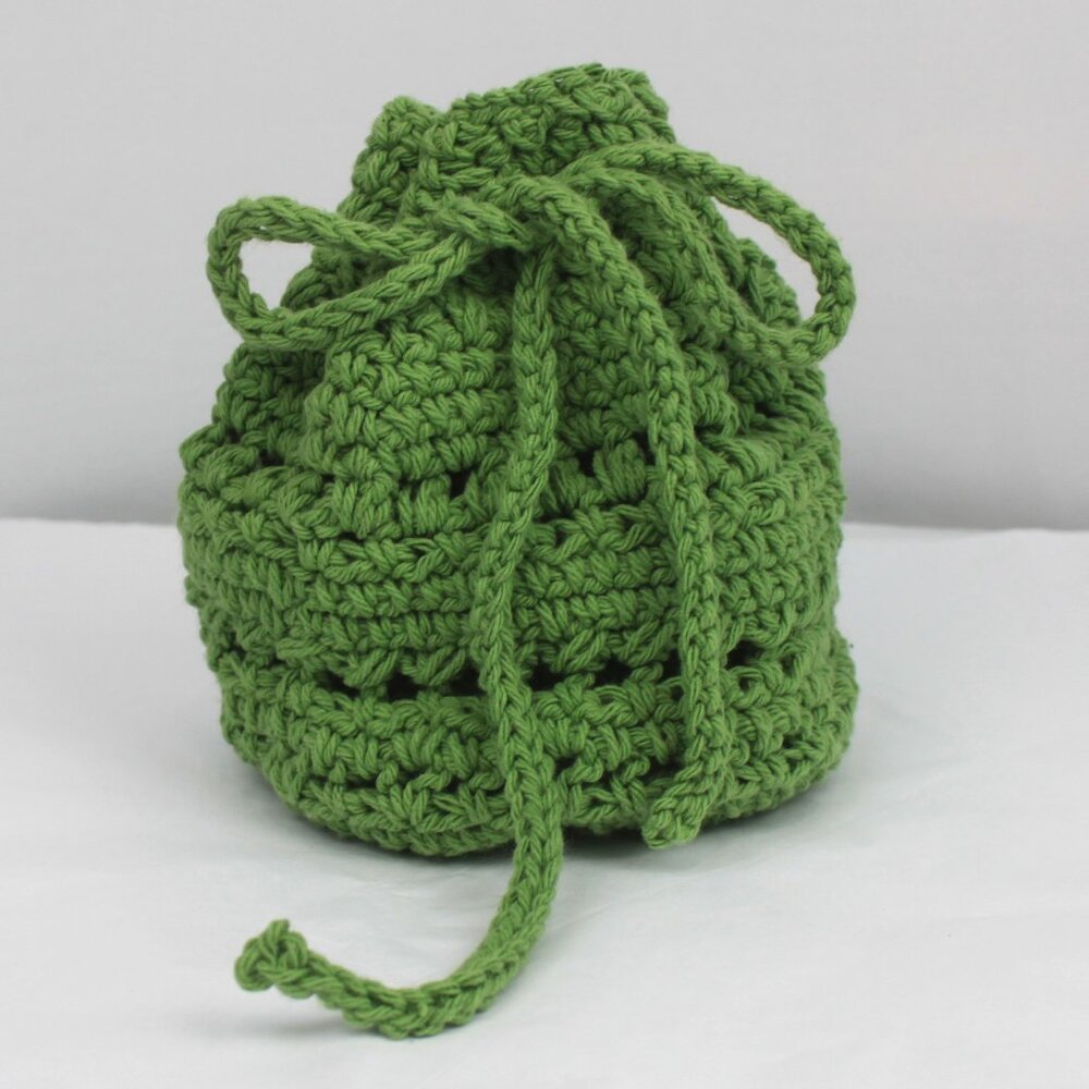 Green Crochet Patterned Drawstring Pouch Bag - Picture 3 of 14